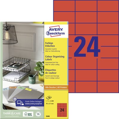3448 Farbige Etiketten, A4, 70 x 37 mm, 100 Bogen/2.400 Etiketten, rot