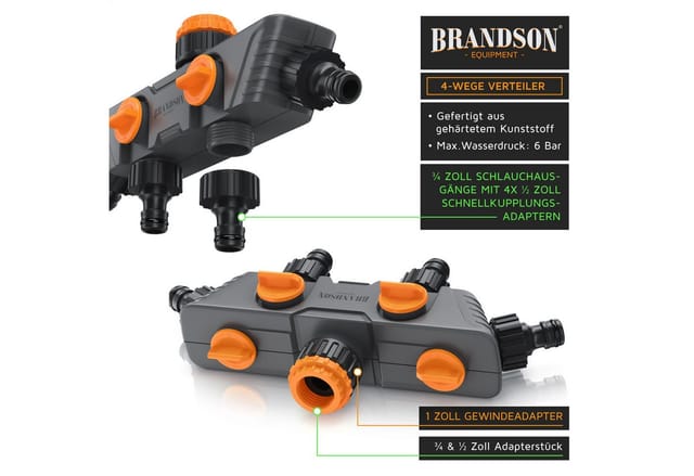 Brandson 4-Wege Verteiler 4-fach Schlauchverteiler, Gartenschlauch Wasserverteiler, 3/4 1/2 Zoll, (1-tlg), Regulierbarer 45° Wasserhahn Schlauch Verteiler für Gartenbewässerung