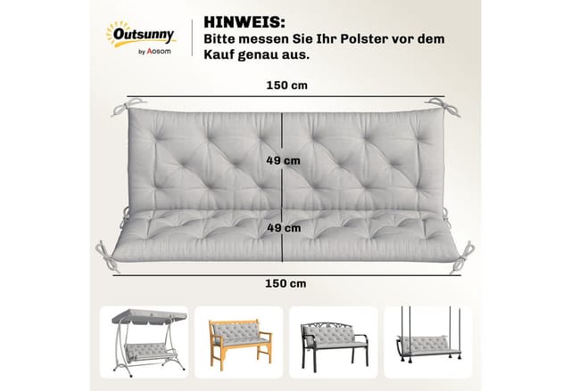 Outsunny Bankauflage 150 x 98 x 8 cm, mit Bändern, (3 Sitzer Bankkissen, 1 St., Sitzkissen), für Gartenmöbel, Sitzbank Hollywoodschaukel, Hellgrau