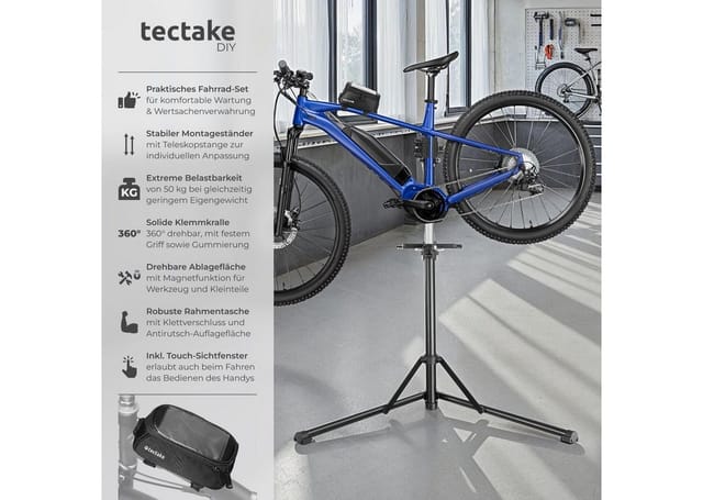 tectake Fahrrad-Montageständer Fahrrad-Set Reparaturständer & Rahmentasche, 360° drehbar (Komplettset, bis 50kg)