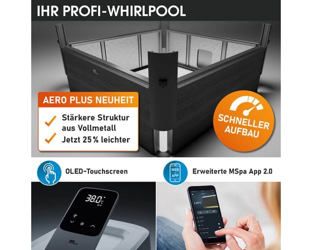 BRAST Whirlpool MSpa Oslo & Amber Aero Plus mit Fester Außenwand inkl. LED-Beleuchtung, Aufstellbecken, (für 6 Personen, 180x180x65cm, 140 Massagedüsen), Ganzjähriger Einsatz Winterfest, In & Outdoor Pool