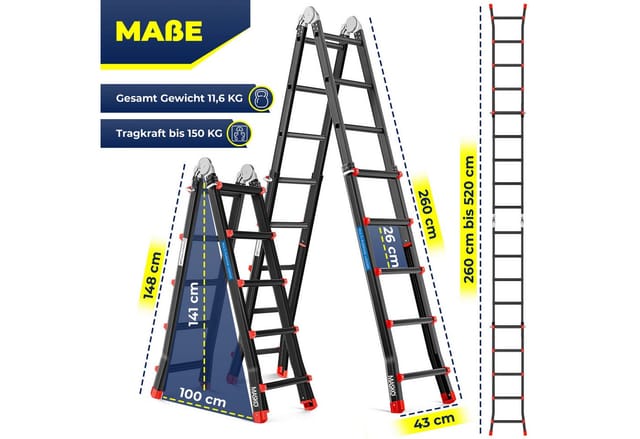 MASKO Vielzweckleiter Aluminium 6in1 Mehrzweckleiter – 20 Sprossen - 520 cm 150 Kg, (ausziehbar, Rutschfest, Multifunktional, Gelenkleiter, Anlegeleiter), Klappleiter, beidseitige Steh- und Treppenleiter Schwarz