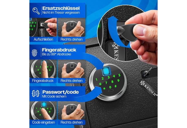 KESSER Tresor mit Fingerabdruck & Schlüssel Elektronischer Safe Möbeltresor (Wandtresor mit Ersatz-Schlüssel, Batterien, Notfall-Akku & Wandbolzen), Boden & Wandmontage 3x Doppelbolzenverriegelung & Zahlenschloss