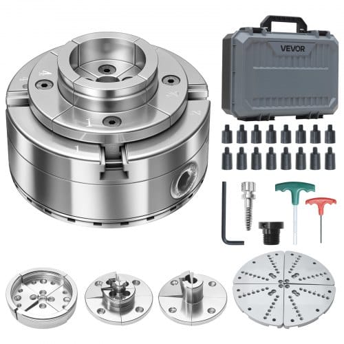 VEVOR 4 Zoll Drechselfutter Zentrierfutter (4 Backen) mit 1 Zoll x 8TPI Gewinde & Adapter, 5-tlg. Spannbacken Set (Rund/Flach/Stufen/Stift), Vernickelte Oberfläche, mit Tragekoffer für Holzdrehbänke