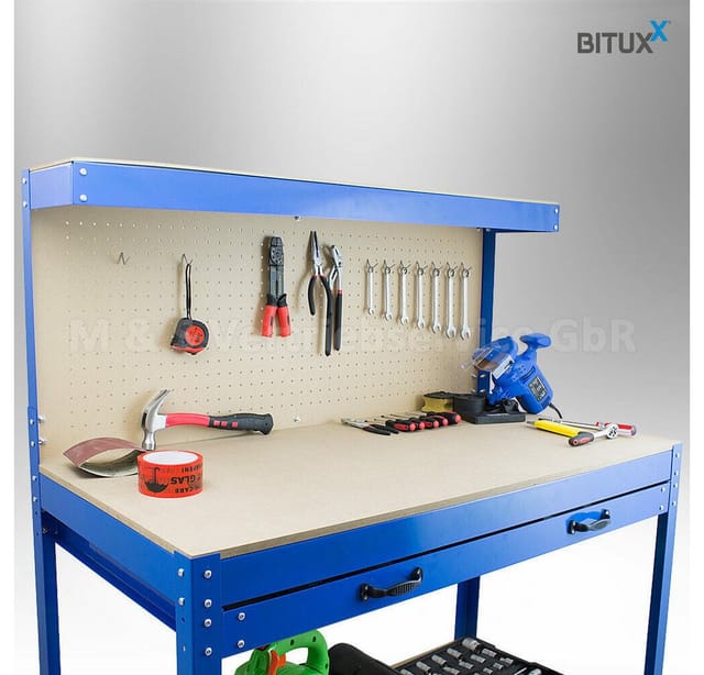 Werktisch Werkbank Arbeitstisch Arbeitsplatte Lochwand Schublade Werkstatt Kompakte Werkbank Mit 115 X 55 X 140 Cm Blau