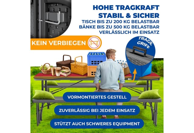 Kesser® Bierzeltgarnitur - 3-teilig Set Tisch + 2 X Bank Für Drinnen - Draußen Klappbar Tragegriffe Hxbxt: 73x180x75 Cm Kunststoff Rattan Anthrazit