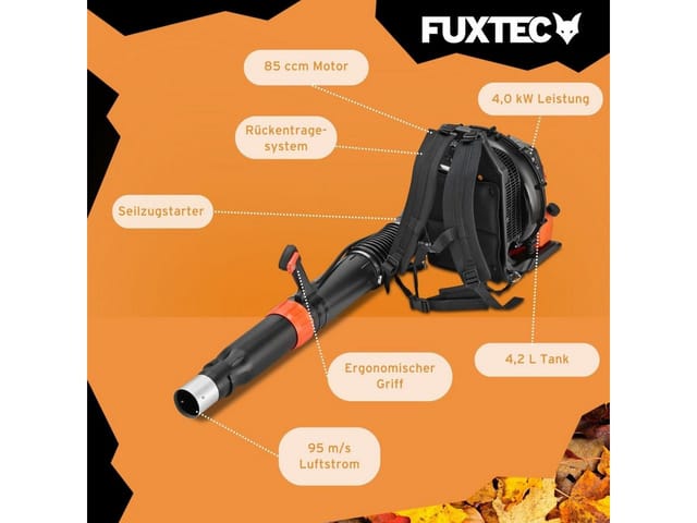 Fuxtec Benzin Laubbläser Fx-lbp185tpro Rückentragbarer Laubbläser 85 Cm³ Motor 4,0 Kw Leistung 95 M/s Luftgeschwindigkeit 4,2 L Tank