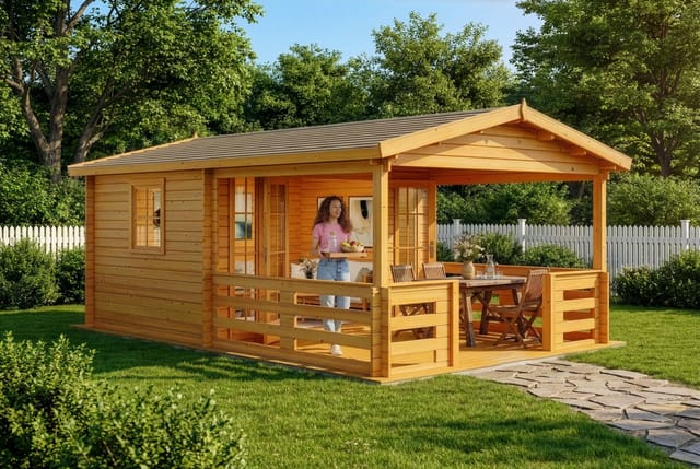Alpholz Gartenhaus Lappland B Gartenhaus Aus Holz In Pinie, Holzhaus Mit 34 Mm Wandstärke Inklusive Terrasse, Blockbohlenhaus Mit Montagematerial