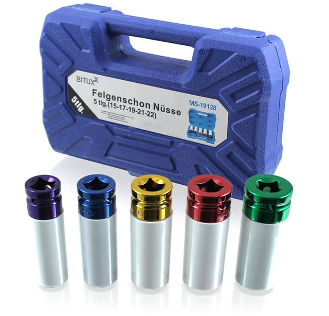 5 Tlg Schlagnuss Felgenschon Set Steckschlüssel Nuss Kfz Radwechsel Pkw Für Schlagschrauber Oder Drehmomentschlüssel Aufnahme 1/2' (15mm / 17 Mm / 19 Mm / 21 Mm / 22mm) - Bituxx