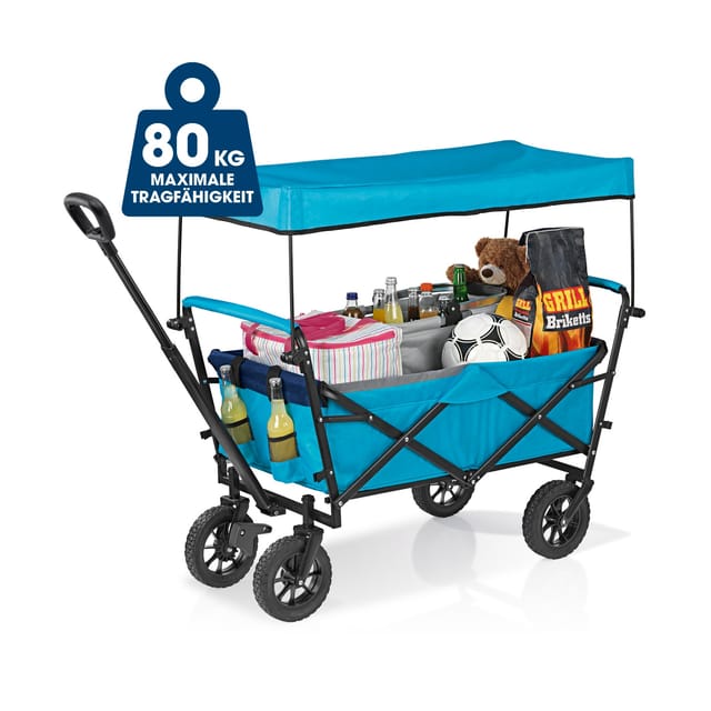 EASYmaxx Bollerwagen blau faltbar mit Dach und Feststellbremse