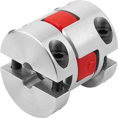 ELASTOMER-KLAUENKUPPLUNG MIT RADIALER KLEMMNABE GR.19, D1=14, D2=14, L=66, ALUMINIUM, KOMP:POLYURETHAN, ROT, D4=40 (K1892.19980661414)