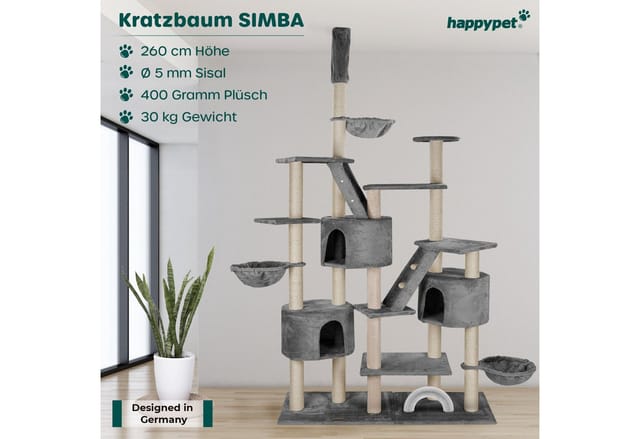 Happypet Kratzbaum SIMBA, Extra breit, höhenverstellbar, Häuser, Liegemulden, viel Zubehör