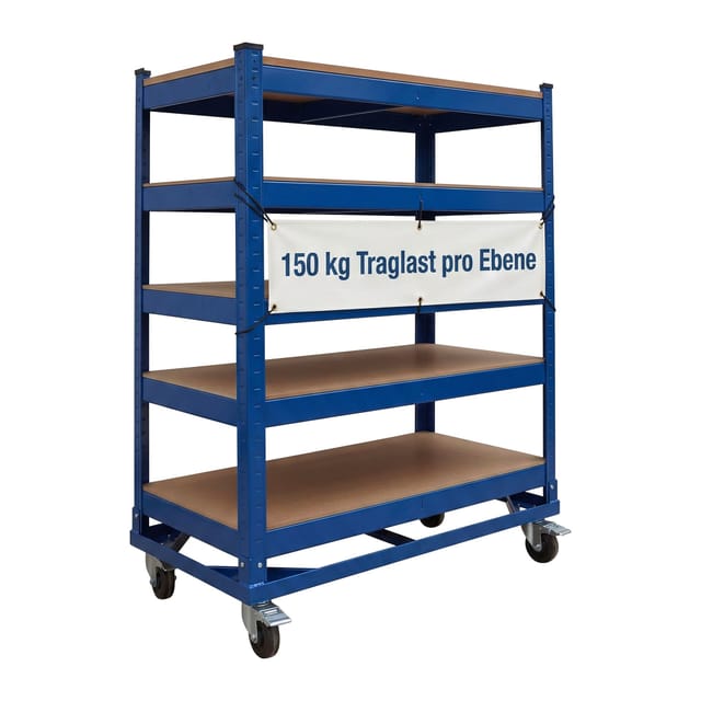 Relaxdays Etagenwagen, 5 Ebenen, Rollen & Bremse, Bis 750 Kg, Hbt: 110x90x45 Cm, Mobiler Werkstattwagen, Stahl, Blau