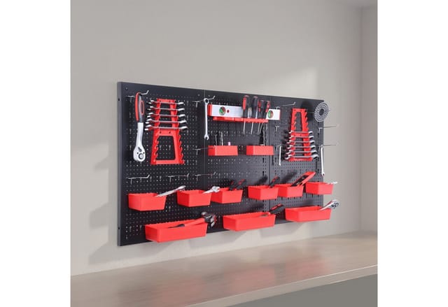 Relaxdays Werkzeugwand, 3 Lochwände, 26-tlg. Zubehör, Hxb: 60 X 40 Cm, Metall, Werkzeuglochwand, Werkstatt, Schwarz/rot