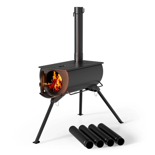 Wiltec Zeltofen Stahl (q235), Robuster Campingofen 85 X 57,5 X 238 Cm, Holzofen Mit Rauchabzug Ø 6 Cm X 40 Cm, Zeltheizung Sichere Abgasableitung