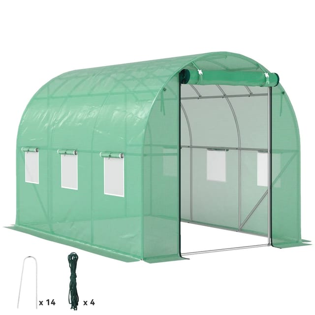Gewächshaus 200x300x200cm Foliengewächshaus Tomatenhaus Mit Tür, 6 Fenster, Folientunnel Aus Verzinktem Stahl, 170g/m² Pe, Stabiles Pflanztunnel, Treibhaus Inkl. Erdanker & Seilen, Grün - Outsunny