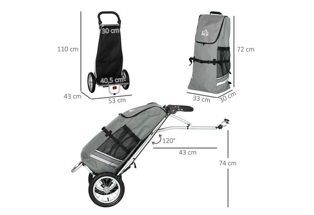 HOMCOM Lastenanhänger 24,3 kg max 55 L Alu Oxford Grau Silber 53 x 43 x 110 cm