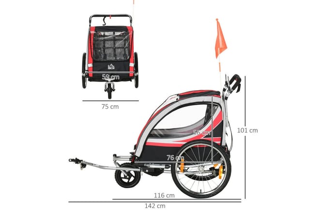 HOMCOM Child Bike Trailer Kunststoff-Kunststoff Rot Schwarz 142L x 75B x 101H cm