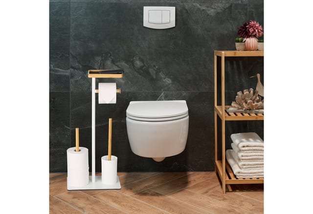 Relaxdays WC Garnitur Bambus Metall Weiß Mit Ablage 65 cm x 30 cm x 20 cm