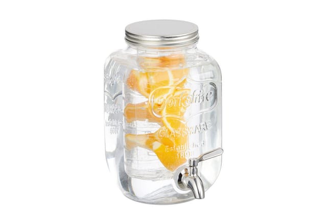 Relaxdays Getränkespender Glas Edelstahl Transparent Silber mit Fruchteinsatz und Zapfhahn 25 cm x 15 cm x 21,5 cm 1,5 kg