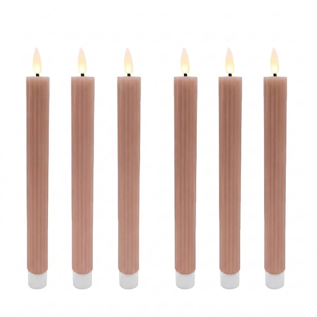 Relaxdays LED Stabkerzen 6er Set Echtwachs Altrosa Flackernd Flammenlos 25 cm x 2 cm