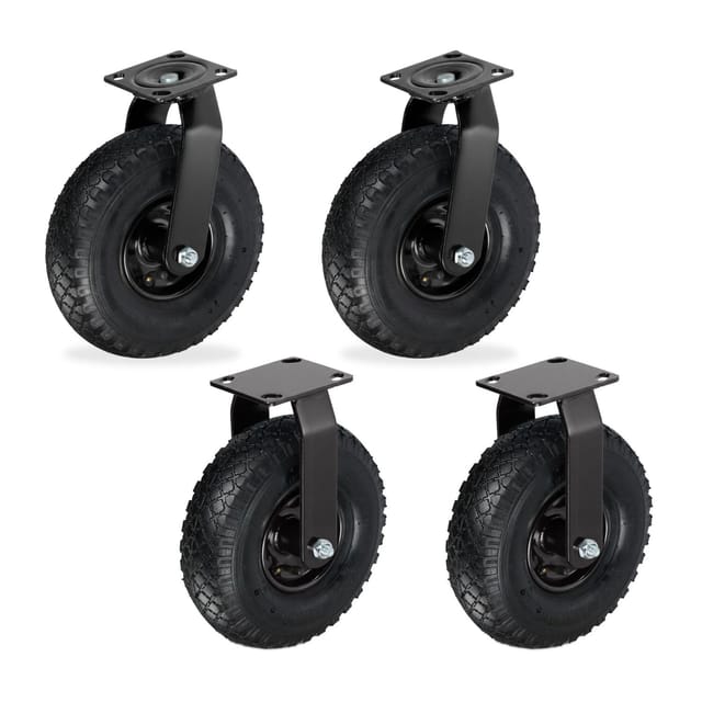 Relaxdays Bockrollen und Lenkrollen Set Verzinkter Stahl Gummi Schwarz Schwerlast 26 cm x 8,5 cm 120 kg