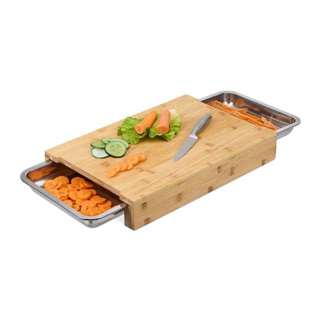 Relaxdays Schneidebrett Bambus Edelstahl Natur Silber Ausziehbar Rutschfest mit Saftrillen 8 cm x 45 cm x 30 cm 2,7 kg