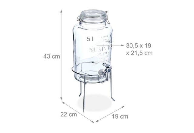 Relaxdays Getränkespender Glas Transparent Silber mit Ständer 5 L 43 cm x 19 cm x 22 cm