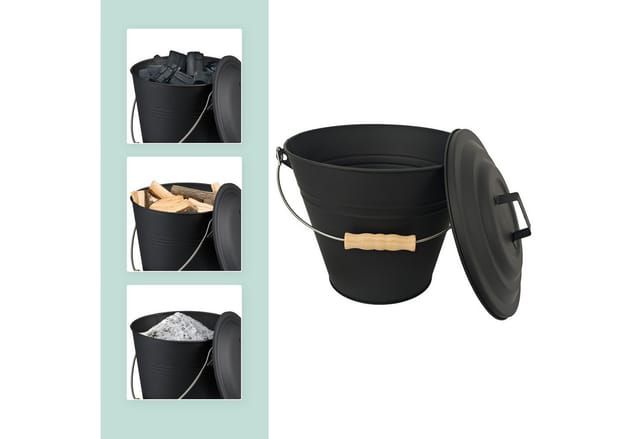 Relaxdays Ascheeimer Eisen Schwarz mit Feger und Schaufel 10,