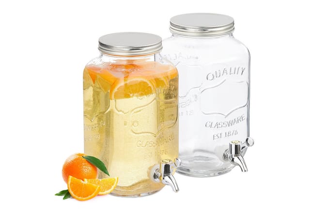 Relaxdays Getränkespender Glas Transparent mit Zapfhahn und Deckel 3.500 ml 26,5 cm x 14 cm x 20 cm 1,3 kg im 2er Set