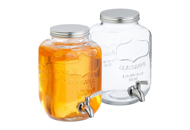 Relaxdays Getränkespender 2er Set Glas Edelstahl Eisen Transparent Silber mit Zapfhahn und Deckel 25 cm x 15 cm x 22 cm