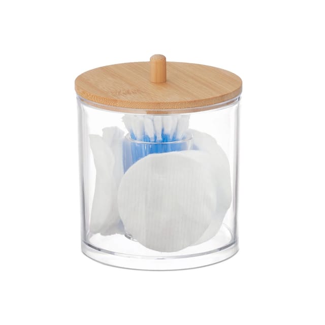 Relaxdays Wattepads und Wattestäbchen Behälter Kunststoff Bambus Transparent Natur Mit Deckel 11 cm x 10 cm 160 g