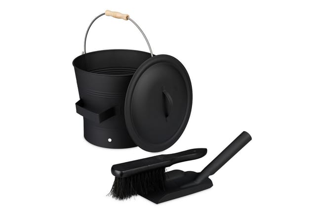 Relaxdays Ascheeimer mit Deckel und Kehrset Eisen Schwarz 26 cm x 32 cm x 33 cm 1,2 kg
