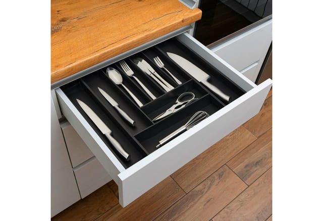 Relaxdays Besteckkasten Bambus MDF Schwarz Ausziehbar Verstellbar 5 cm x 33,5 cm x 44,5 cm 1,5 kg