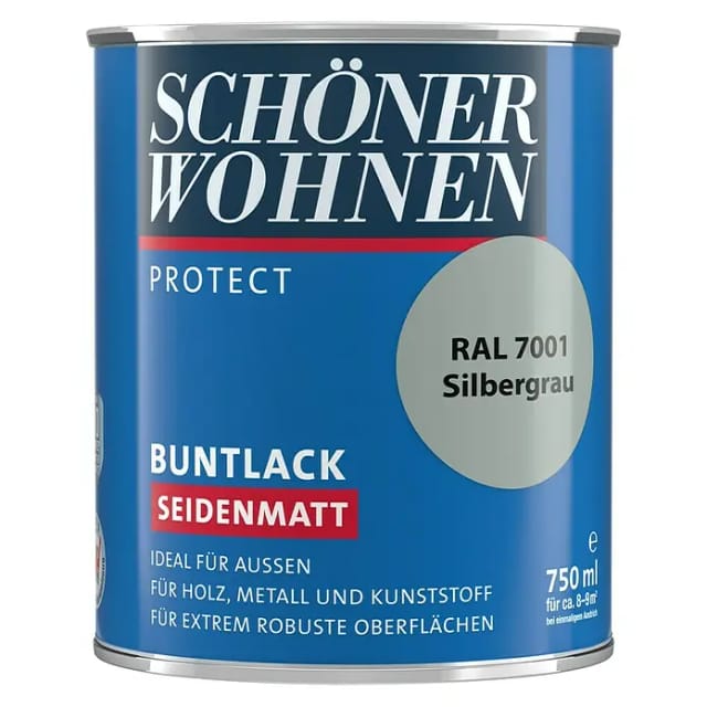 SCHÖNER WOHNEN-Farbe Protect Buntlack RAL 7001 (Silbergrau, Seidenmatt, 750 ml, Lösemittelbasiert)