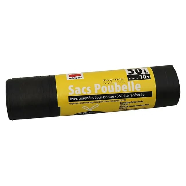 Quickpack Müllbeutel mit Zugband (Fassungsvermögen: 50 l, 10 Stk., Schwarz)
