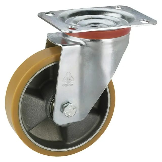 Dörner & Helmer Transportgeräterolle (Durchmesser Rollen: 160 mm, Traglast: 300 kg, Material Reifen: Polyurethan-Vollmaterial, Mit Platte und Feststel