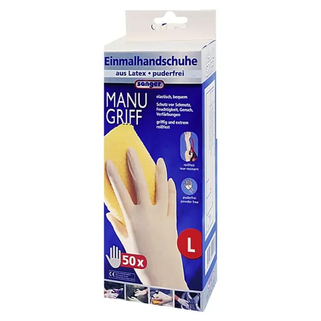 Sänger Einmalhandschuhe Manu Griff (L, Weiß, Latex, 50 Stk.)