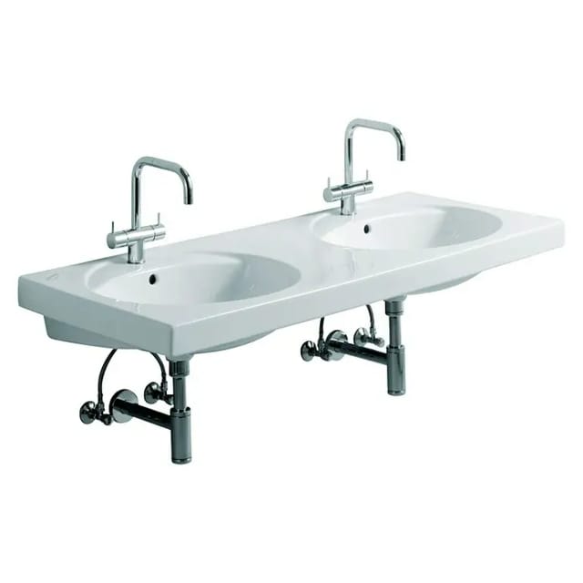 Geberit Preciosa Doppelwaschtisch (130 x 55 cm, Ohne Spezialglasur, Hahnloch: Mitte, Mit Überlauf, Weiß)