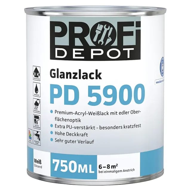 Profi Depot PD Weißlack Glanzlack PD 5900 (Weiß, Glänzend, 750 ml, Wasserbasiert)