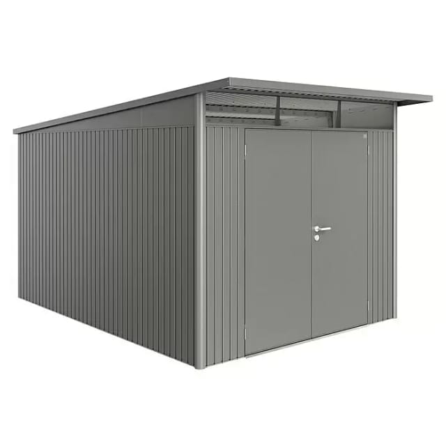 Biohort AvantGarde Gerätehaus AvantGarde A8 (Außenmaß inkl. Dachüberstand (B x T): 260 x 380 cm, Stahl, Quarzgrau-Metallic, Doppeltür)
