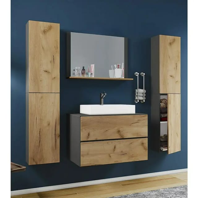 VCM Lendas Badmöbel-Set (147 cm, Anthrazit/Honig-Eiche)