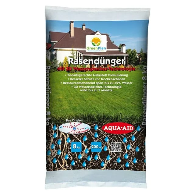 GreenPlan Aqua Aid Langzeit-Rasendünger mit 3D Wasserspeicher-Technologie (8 kg)