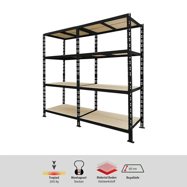 Schwerlastregal (H x B x T: 180 x 200 x 60 cm, Traglast pro Boden: 200 kg, Anzahl Böden: 4 Stk., Stecken, Schwarz)