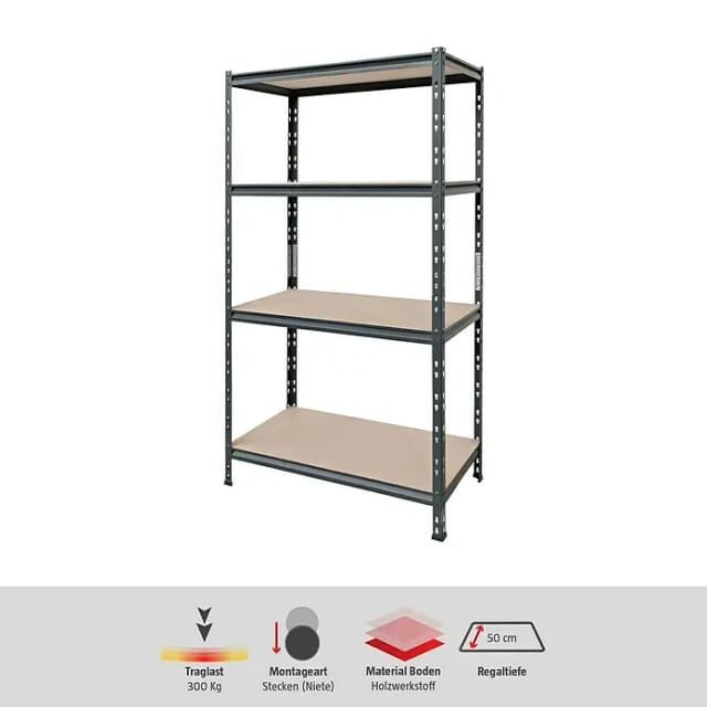 AR Shelving Schwerlastregal Rivet Z (H x B x T: 180 x 100 x 50 cm, Traglast pro Boden: 300 kg, Anzahl Böden: 4 Stk., Stecken, Schwarz)