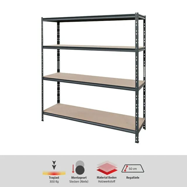 AR Shelving Schwerlastregal Rivet Z (H x B x T: 180 x 150 x 50 cm, Traglast pro Boden: 300 kg, Anzahl Böden: 4 Stk., Stecken, Schwarz)