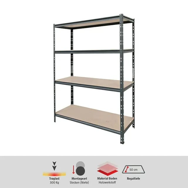 AR Shelving Schwerlastregal Rivet Z (H x B x T: 180 x 120 x 50 cm, Traglast pro Boden: 300 kg, Anzahl Böden: 4 Stk., Stecken, Schwarz)