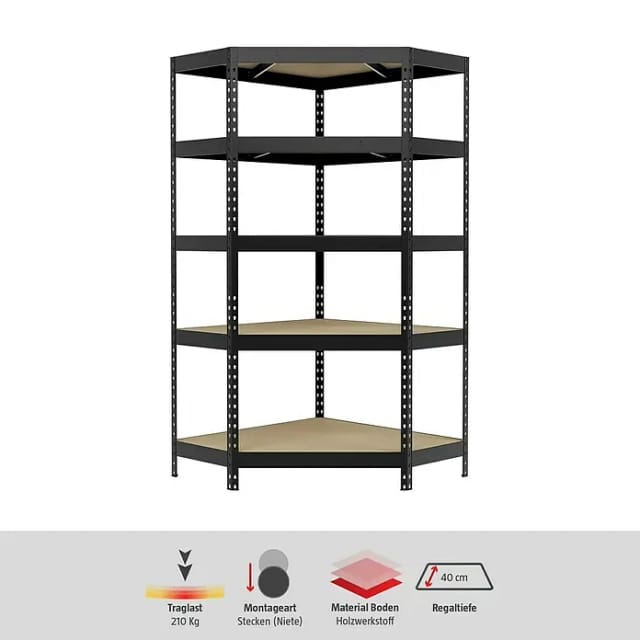 Regalux Eckregal (H x B x T: 180 x 90 x 40 cm, Traglast pro Boden: 210 kg, Anzahl Böden: 5 Stk., Stecken, Anthrazitgrau)