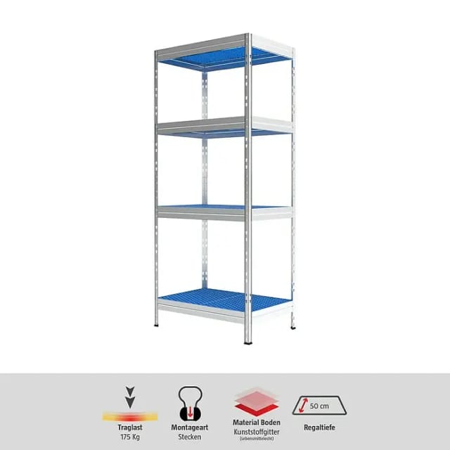 AR Shelving Metallregal Horeca (H x B x T: 180 x 75 x 50 cm, Traglast pro Boden: 175 kg, Anzahl Böden: 4 Stk., Stecken, Silber/Blau)