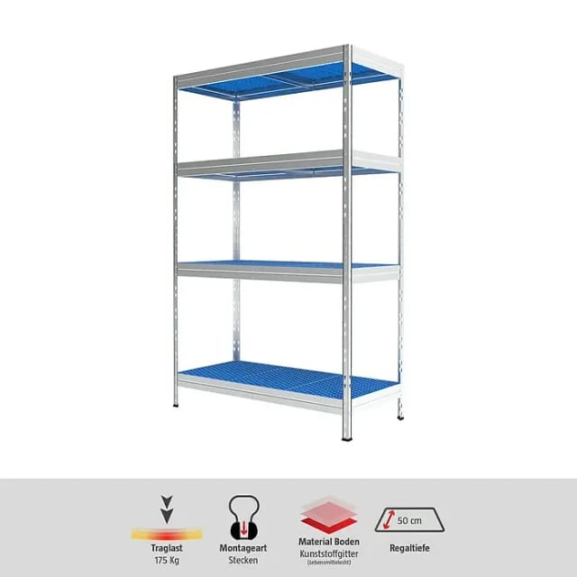 AR Shelving Metallregal Horeca (H x B x T: 180 x 110 x 50 cm, Traglast pro Boden: 175 kg, Anzahl Böden: 4 Stk., Stecken, Silber/Blau)
